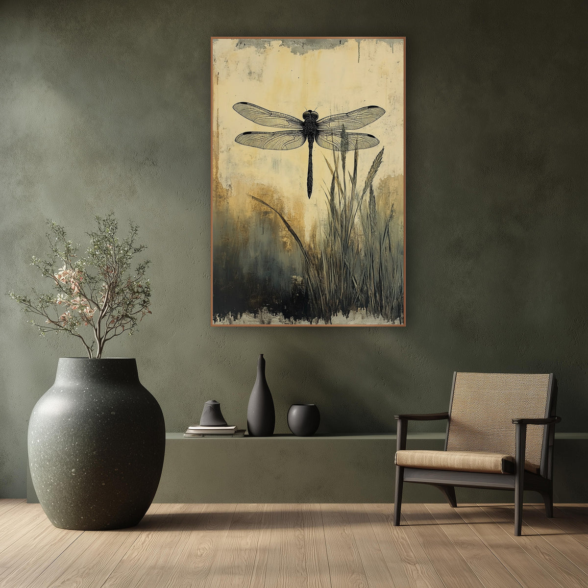 Black Dragonfly Meadow Japandi wall art in a calm Japandi-style room – black dragonfly with veined wings above tall