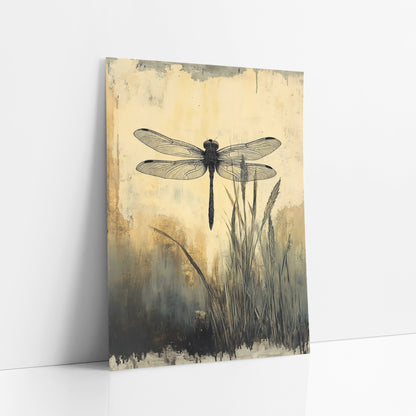 Black Dragonfly Meadow Japandi art print leaning against a white wall – black dragonfly with veined wings above tall