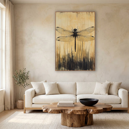 Dark Dragonfly Golden Japandi Study wall art in a calm Japandi-style room – dark dragonfly with veined wings above