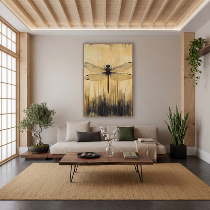 Dark Dragonfly Golden Japandi Study wall art in a calm Japandi-style room – dark dragonfly with veined wings above