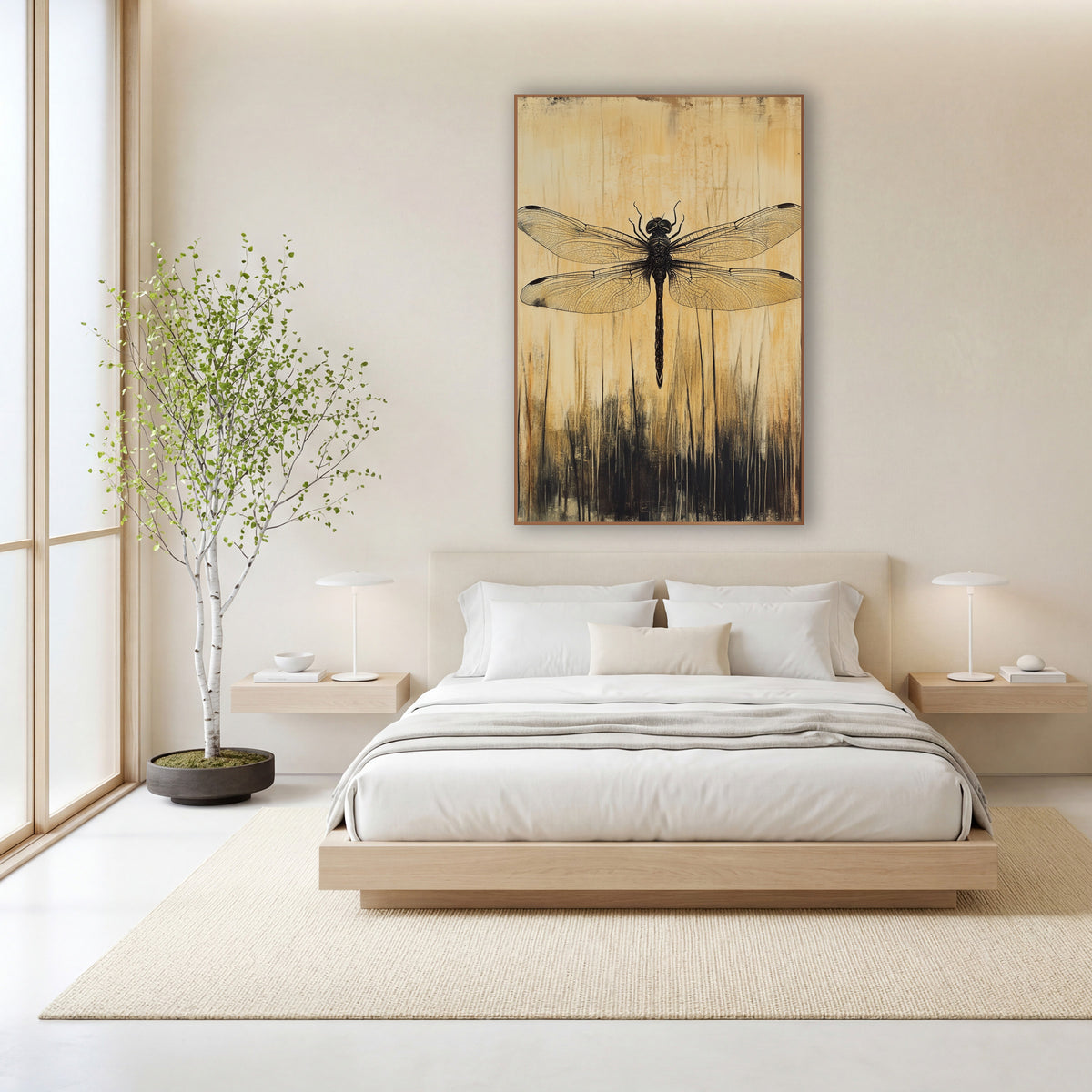 Dark Dragonfly Golden Japandi Study wall art in a calm Japandi-style room – dark dragonfly with veined wings above