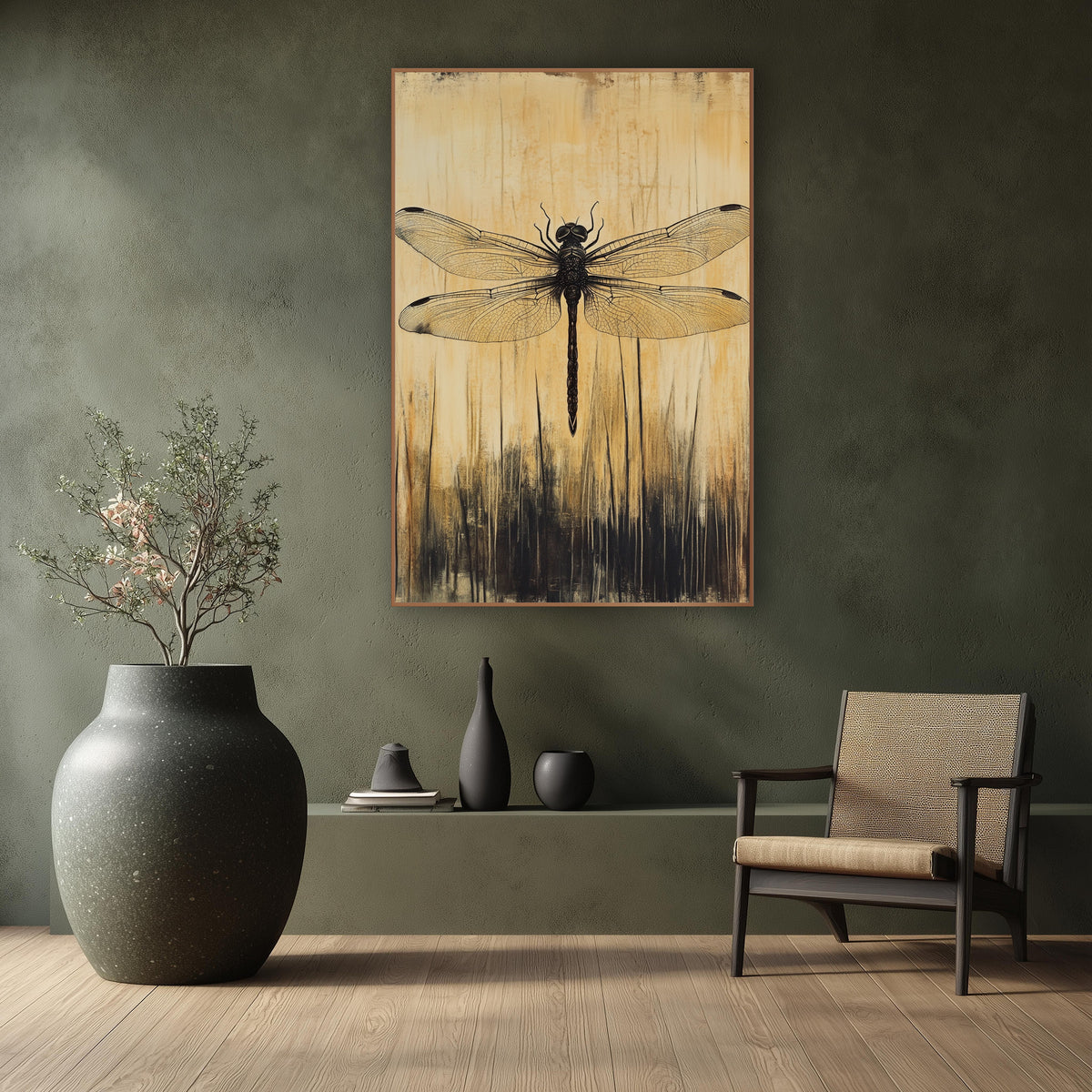 Dark Dragonfly Golden Japandi Study wall art in a calm Japandi-style room – dark dragonfly with veined wings above