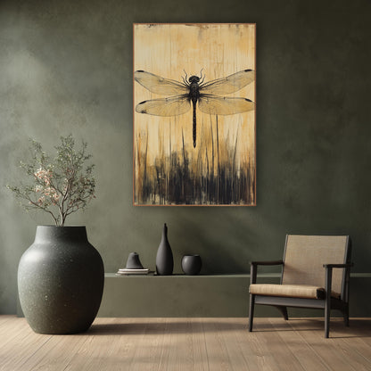 Dark Dragonfly Golden Japandi Study wall art in a calm Japandi-style room – dark dragonfly with veined wings above