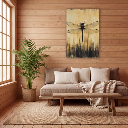 Dark Dragonfly Golden Japandi Study wall art in a calm Japandi-style room – dark dragonfly with veined wings above