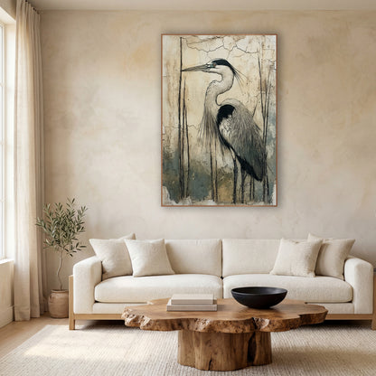 Standing Heron Cracked Wall Japandi wall art in a calm Japandi-style room – gray heron in profile with black head