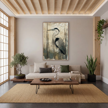 Standing Heron Cracked Wall Japandi wall art in a calm Japandi-style room – gray heron in profile with black head