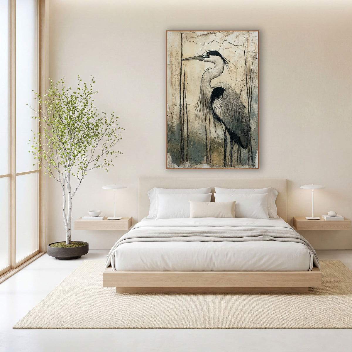 Standing Heron Cracked Wall Japandi wall art in a calm Japandi-style room – gray heron in profile with black head
