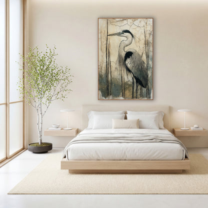 Standing Heron Cracked Wall Japandi wall art in a calm Japandi-style room – gray heron in profile with black head