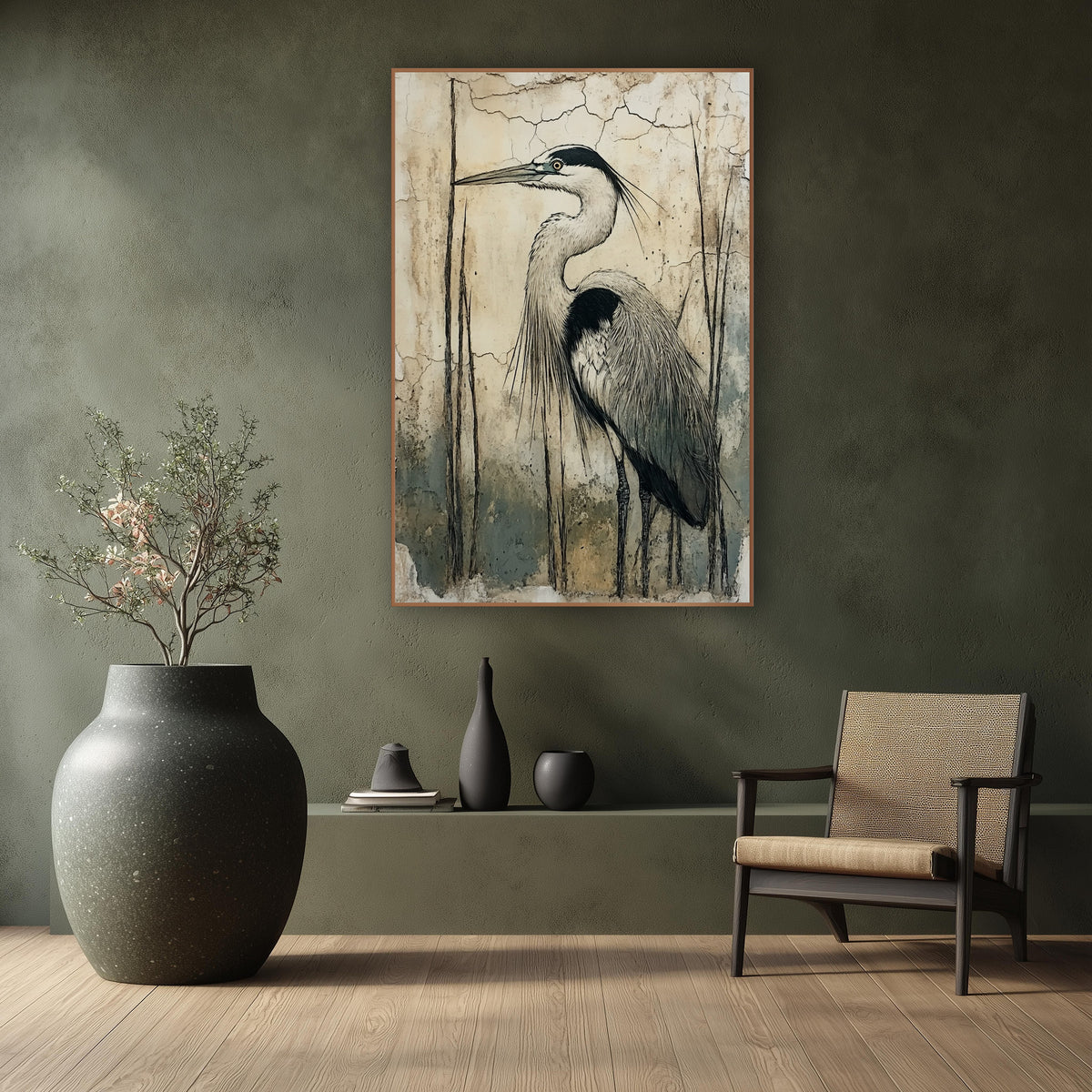 Standing Heron Cracked Wall Japandi wall art in a calm Japandi-style room – gray heron in profile with black head