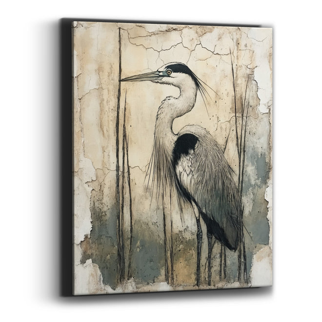 Standing Heron Cracked Wall Japandi Canvas Wall Art