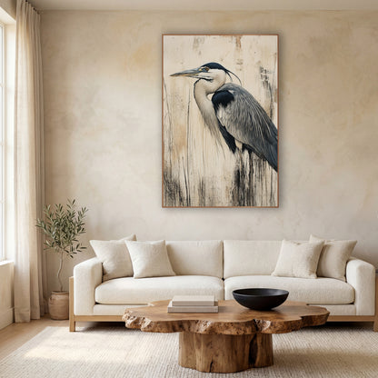 Gray Heron Profile Japandi Bird wall art in a calm Japandi-style room – gray heron in profile with long beak and dark
