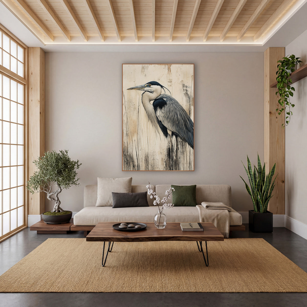 Gray Heron Profile Japandi Bird wall art in a calm Japandi-style room – gray heron in profile with long beak and dark