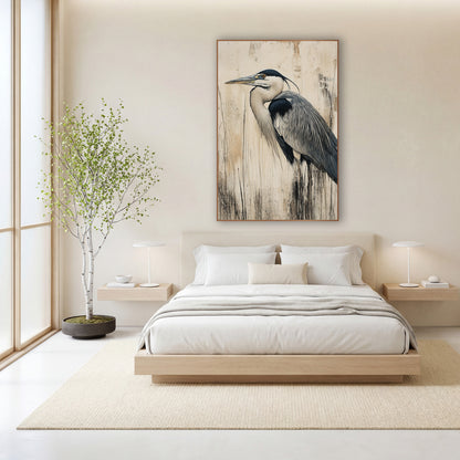 Gray Heron Profile Japandi Bird wall art in a calm Japandi-style room – gray heron in profile with long beak and dark