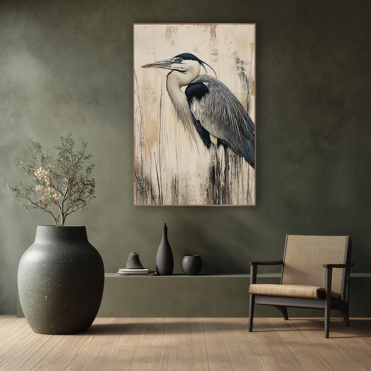 Gray Heron Profile Japandi Bird wall art in a calm Japandi-style room – gray heron in profile with long beak and dark
