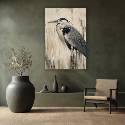 Gray Heron Profile Japandi Bird wall art in a calm Japandi-style room – gray heron in profile with long beak and dark
