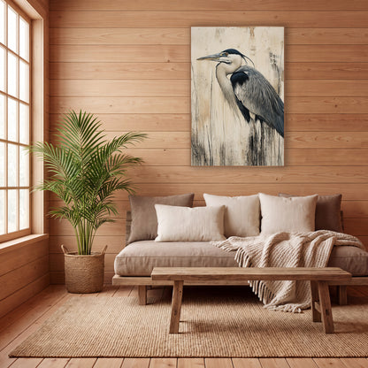 Gray Heron Profile Japandi Bird wall art in a calm Japandi-style room – gray heron in profile with long beak and dark