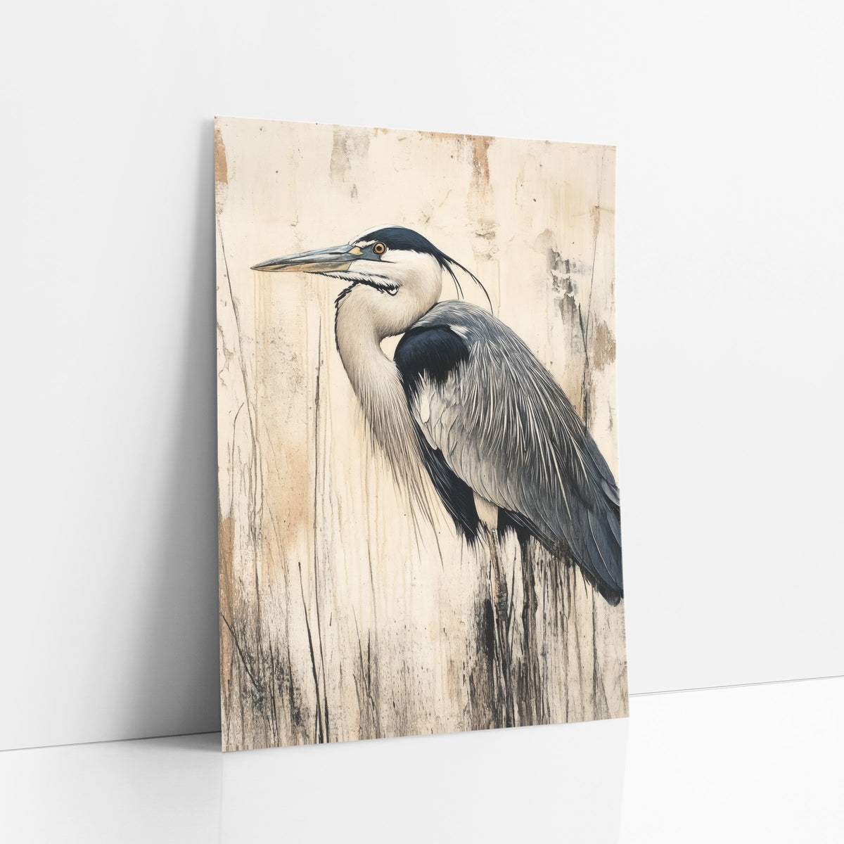 Gray Heron Profile Japandi Bird art print leaning against a white wall – gray heron in profile with long beak and dark plume