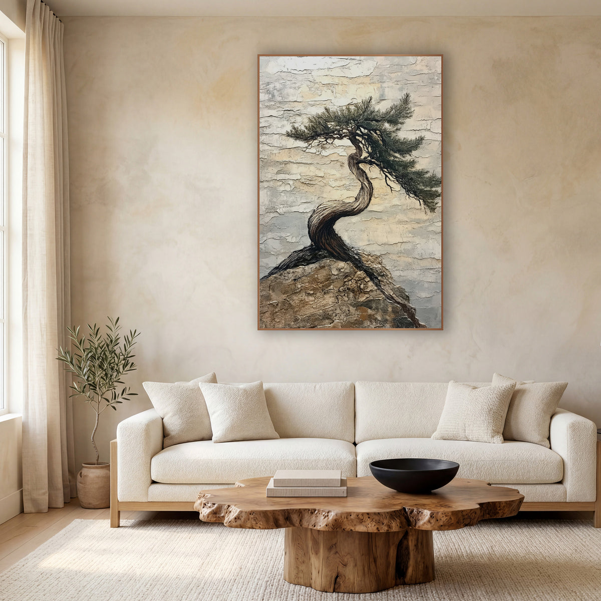 Windbent Evergreen on Rock Japandi wall art in a calm Japandi-style room – twisted evergreen tree with swept needle