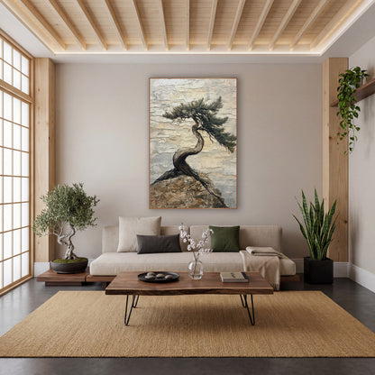 Windbent Evergreen on Rock Japandi wall art in a calm Japandi-style room – twisted evergreen tree with swept needle