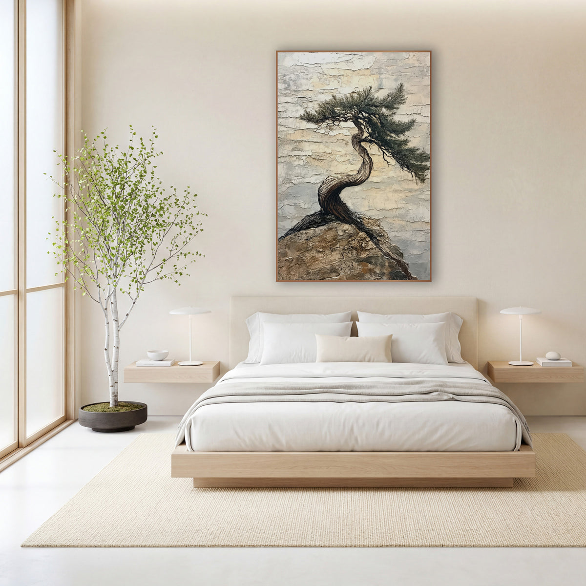Windbent Evergreen on Rock Japandi wall art in a calm Japandi-style room – twisted evergreen tree with swept needle