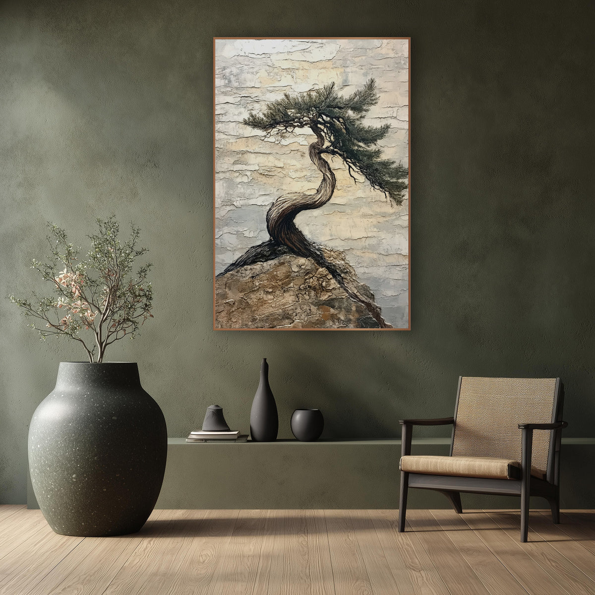 Windbent Evergreen on Rock Japandi wall art in a calm Japandi-style room – twisted evergreen tree with swept needle
