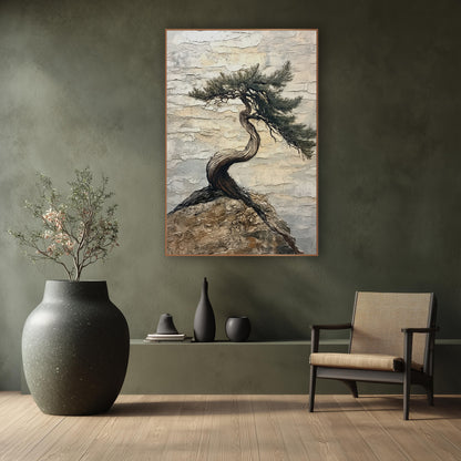 Windbent Evergreen on Rock Japandi wall art in a calm Japandi-style room – twisted evergreen tree with swept needle