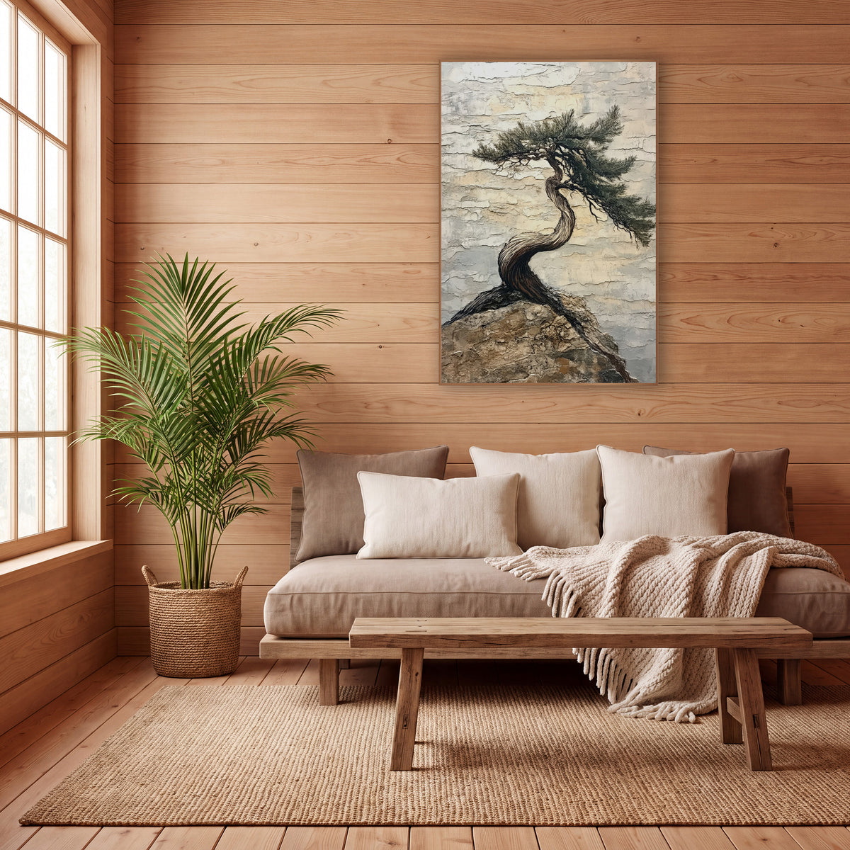 Windbent Evergreen on Rock Japandi wall art in a calm Japandi-style room – twisted evergreen tree with swept needle