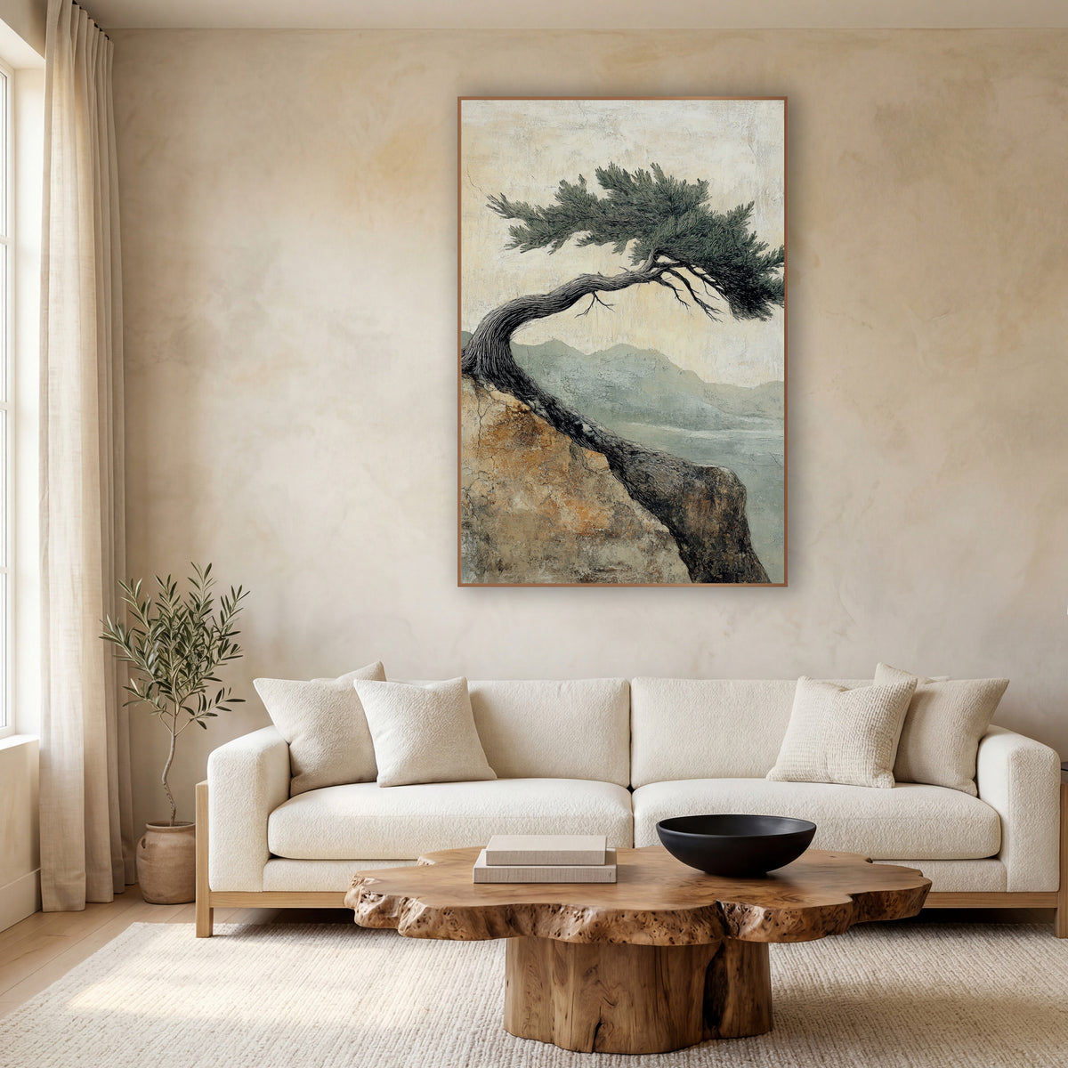 Windswept Evergreen Cliff Japandi Landscape wall art in a calm Japandi-style room – bent evergreen tree on a rocky