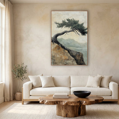 Windswept Evergreen Cliff Japandi Landscape wall art in a calm Japandi-style room – bent evergreen tree on a rocky