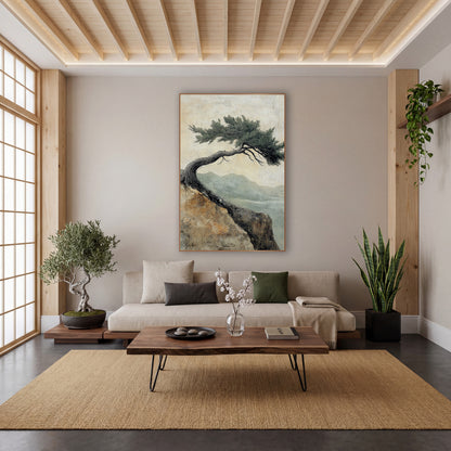 Windswept Evergreen Cliff Japandi Landscape wall art in a calm Japandi-style room – bent evergreen tree on a rocky