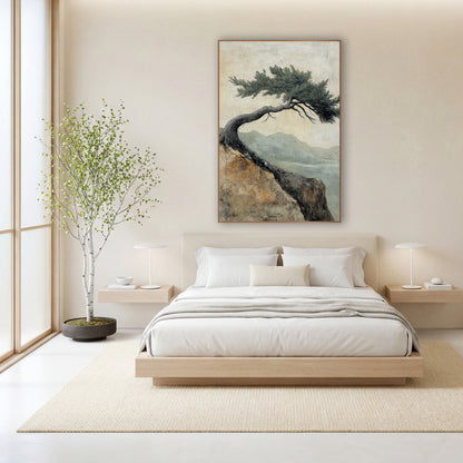 Windswept Evergreen Cliff Japandi Landscape wall art in a calm Japandi-style room – bent evergreen tree on a rocky