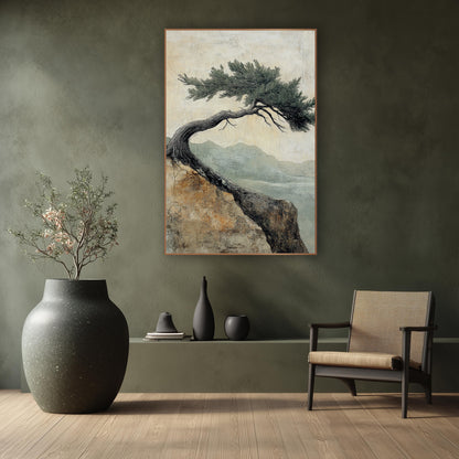 Windswept Evergreen Cliff Japandi Landscape wall art in a calm Japandi-style room – bent evergreen tree on a rocky