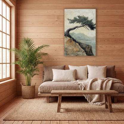 Windswept Evergreen Cliff Japandi Landscape wall art in a calm Japandi-style room – bent evergreen tree on a rocky