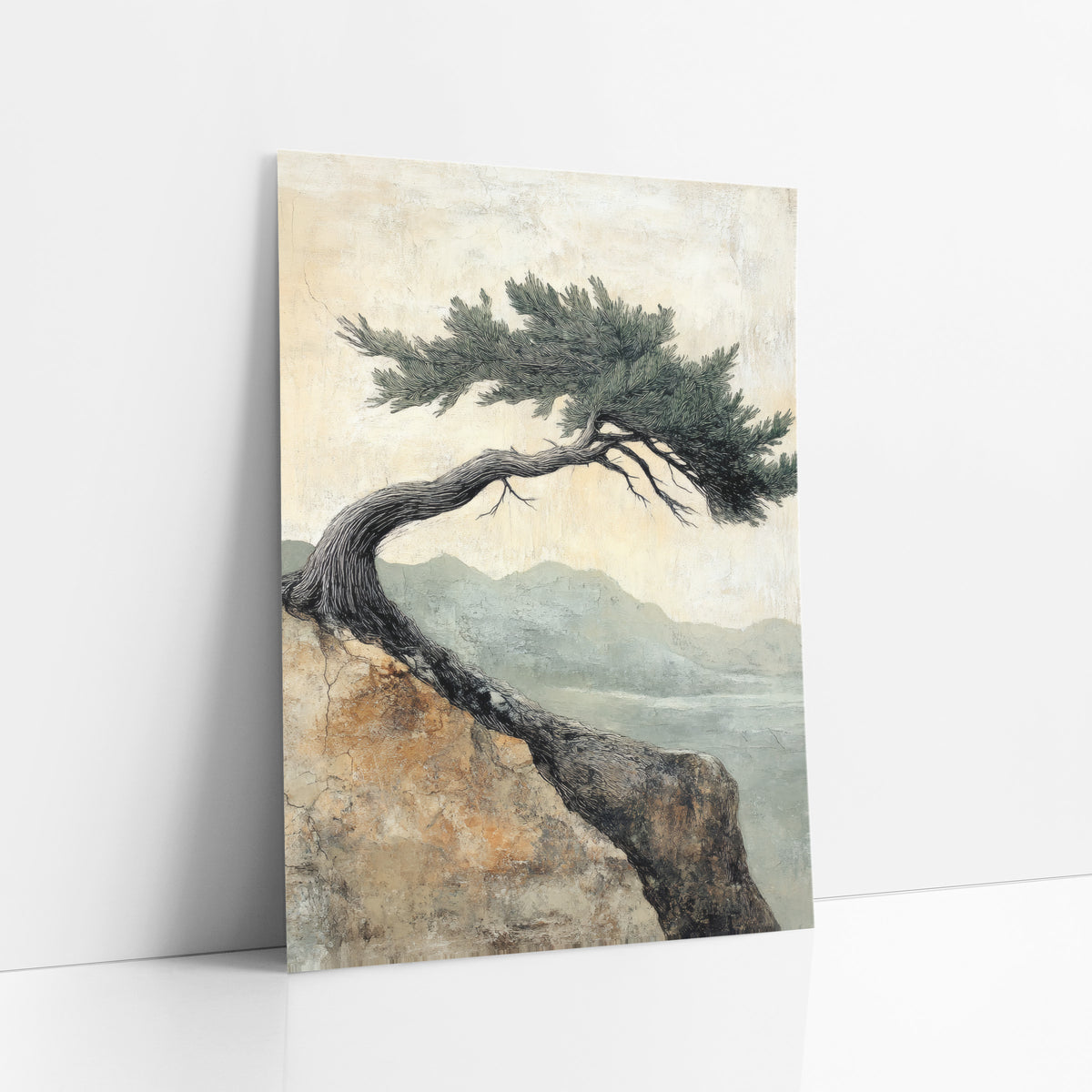 Windswept Evergreen Cliff Japandi Landscape art print leaning against a white wall – bent evergreen tree on a rocky cliff