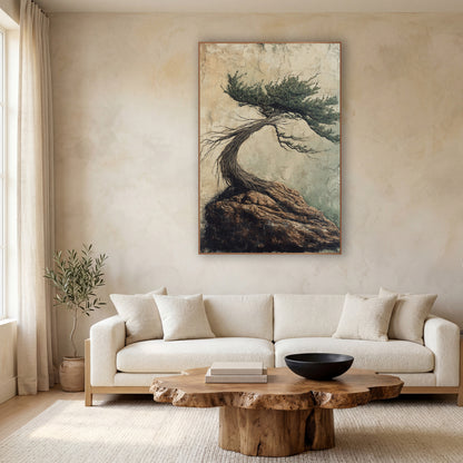 Windswept Evergreen on Rock Japandi wall art in a calm Japandi-style room – windswept evergreen tree with a twisted