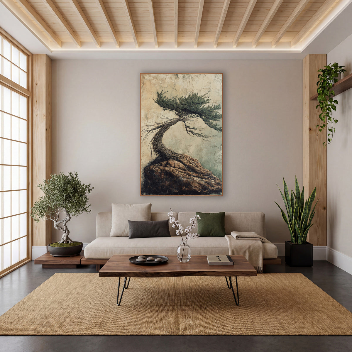 Windswept Evergreen on Rock Japandi wall art in a calm Japandi-style room – windswept evergreen tree with a twisted