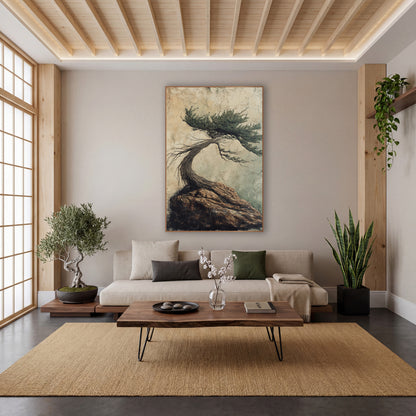 Windswept Evergreen on Rock Japandi wall art in a calm Japandi-style room – windswept evergreen tree with a twisted