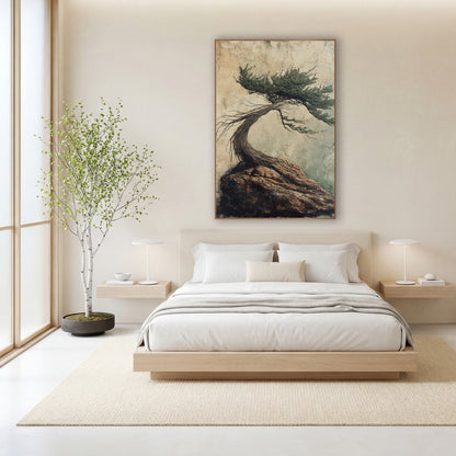 Windswept Evergreen on Rock Japandi wall art in a calm Japandi-style room – windswept evergreen tree with a twisted