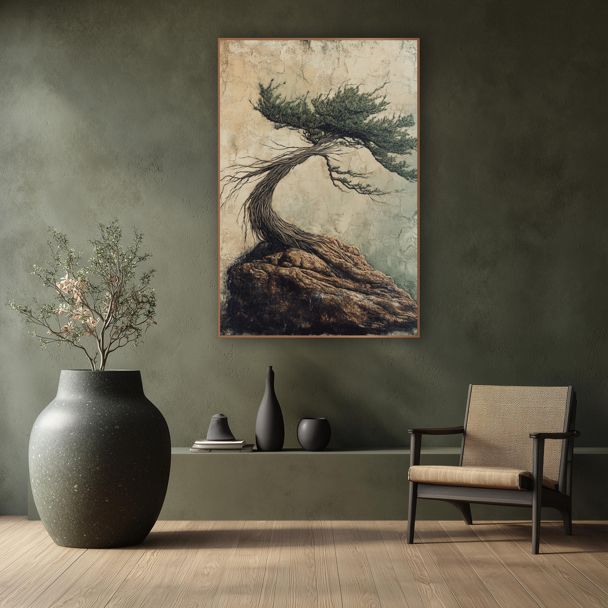 Windswept Evergreen on Rock Japandi wall art in a calm Japandi-style room – windswept evergreen tree with a twisted