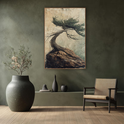 Windswept Evergreen on Rock Japandi wall art in a calm Japandi-style room – windswept evergreen tree with a twisted