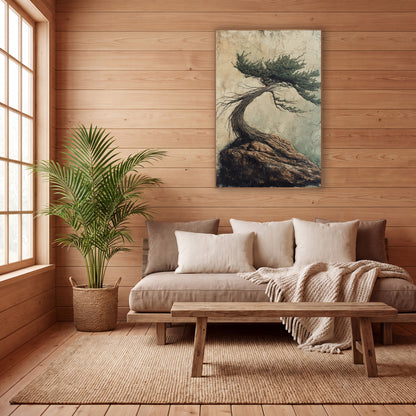Windswept Evergreen on Rock Japandi wall art in a calm Japandi-style room – windswept evergreen tree with a twisted