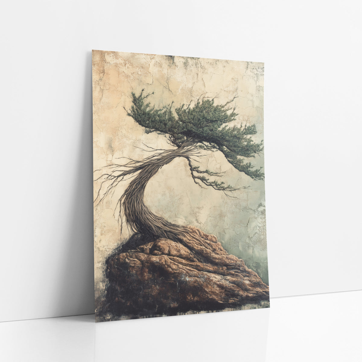 Windswept Evergreen on Rock Japandi art print leaning against a white wall – windswept evergreen tree with a twisted trunk