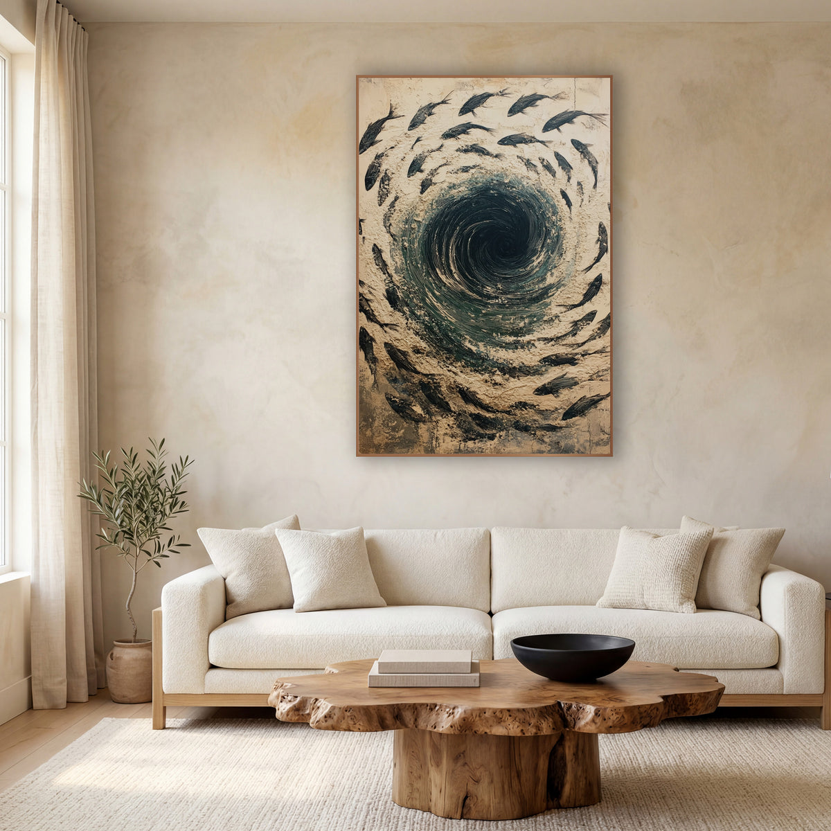 Swirling Fish Vortex Abstract wall art in a calm Japandi-style room – black fish swim in a circle around a dark teal