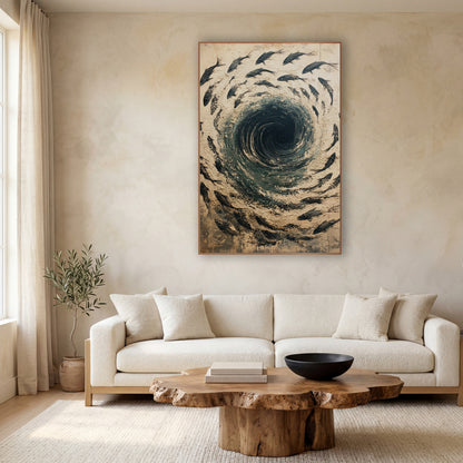 Swirling Fish Vortex Abstract wall art in a calm Japandi-style room – black fish swim in a circle around a dark teal