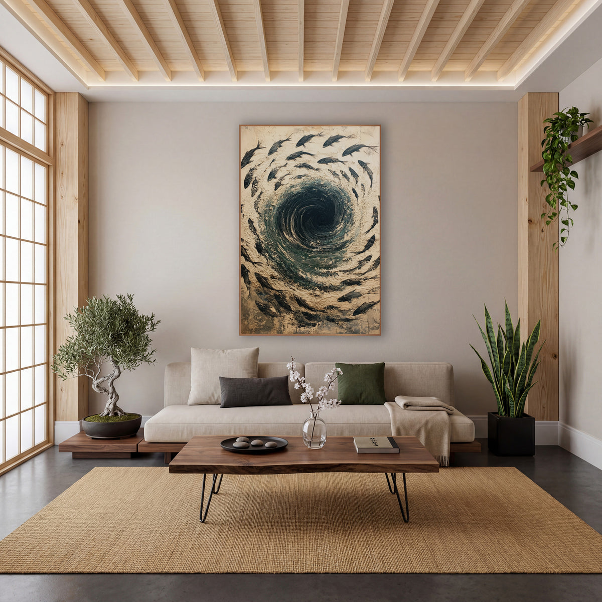 Swirling Fish Vortex Abstract wall art in a calm Japandi-style room – black fish swim in a circle around a dark teal