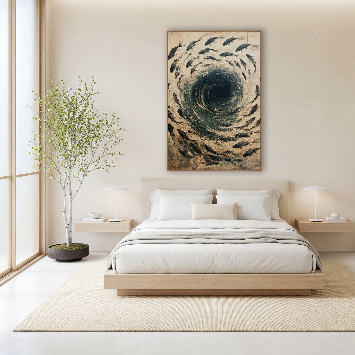 Swirling Fish Vortex Abstract wall art in a calm Japandi-style room – black fish swim in a circle around a dark teal