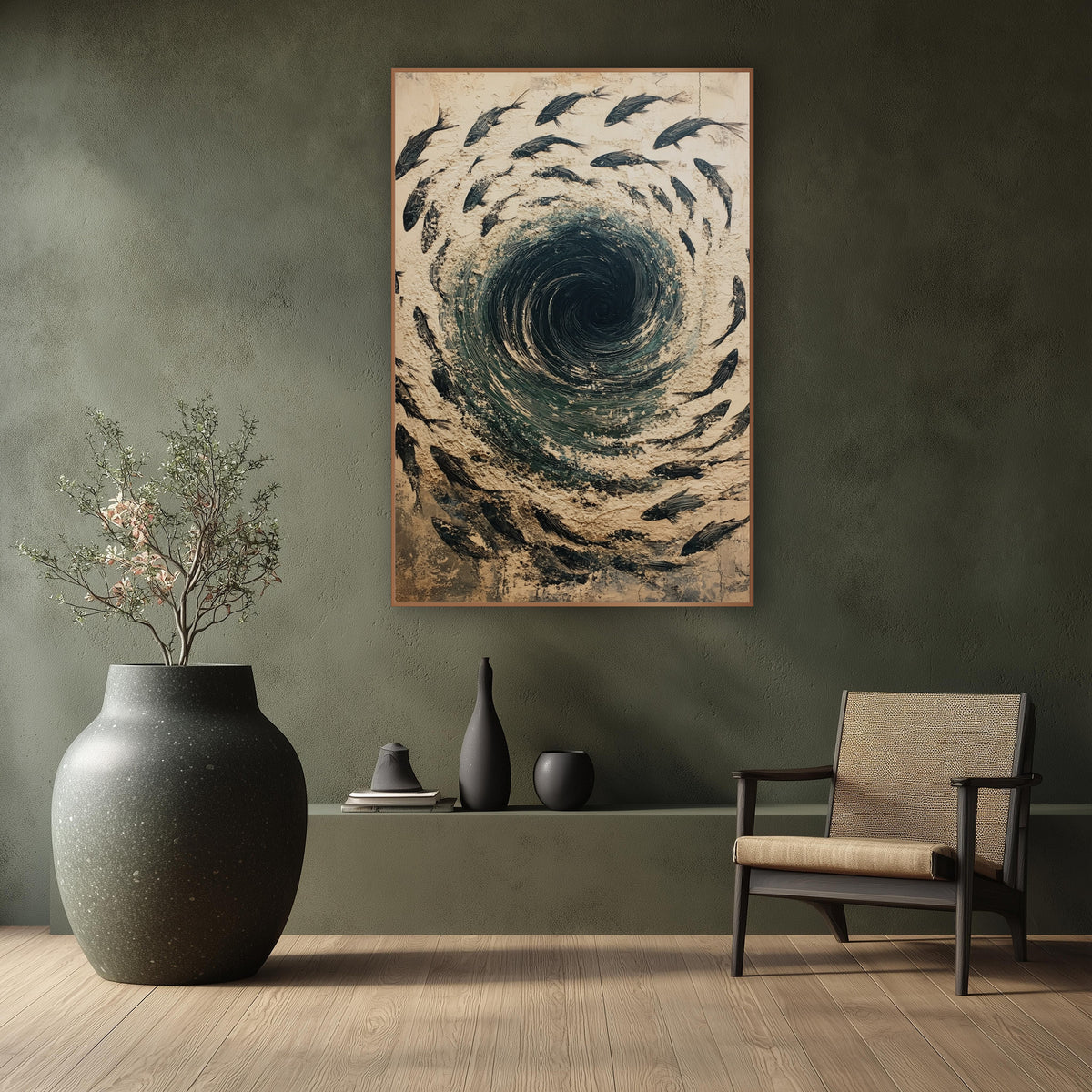 Swirling Fish Vortex Abstract wall art in a calm Japandi-style room – black fish swim in a circle around a dark teal