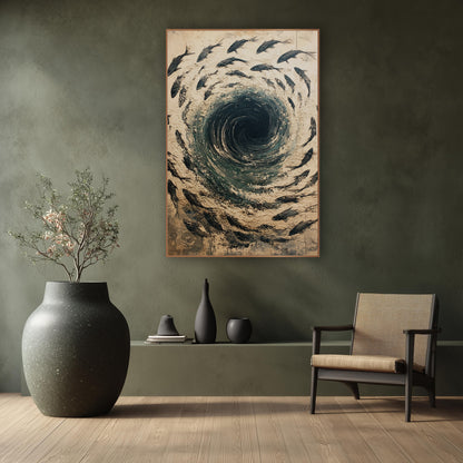 Swirling Fish Vortex Abstract wall art in a calm Japandi-style room – black fish swim in a circle around a dark teal