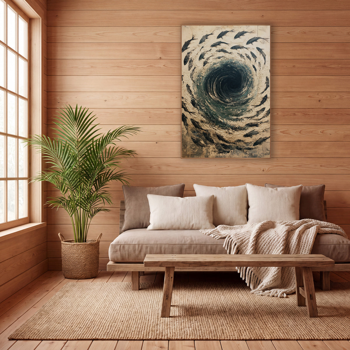 Swirling Fish Vortex Abstract wall art in a calm Japandi-style room – black fish swim in a circle around a dark teal
