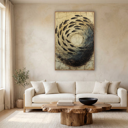 Circling Fish Swirl Japandi wall art in a calm Japandi-style room – dark fish swimming in a spiral around a pale